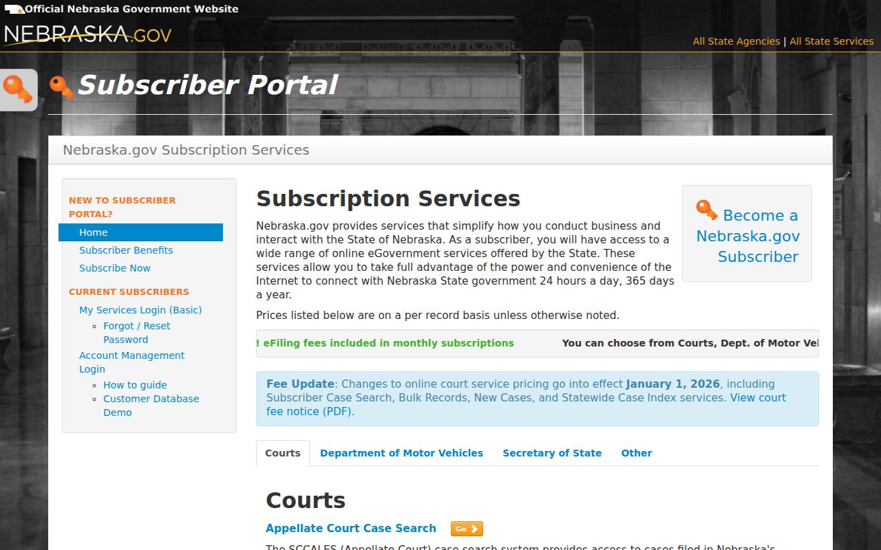 Nance County docket search Nebraska subscriber portal