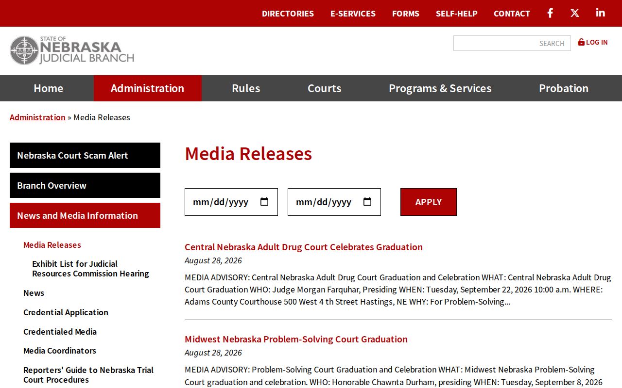 Nance County docket search Nebraska Judicial Branch media releases