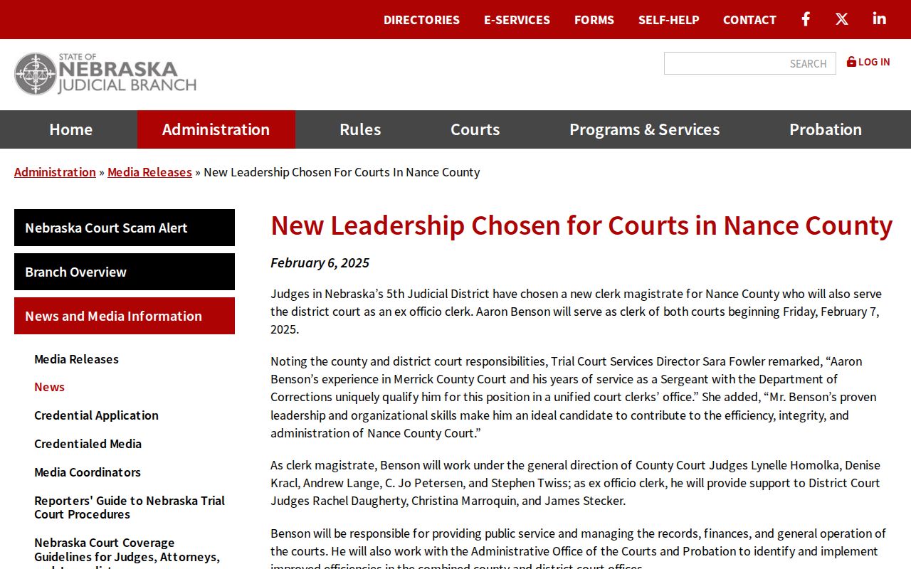 Nance County court calendar Judicial Branch leadership notice