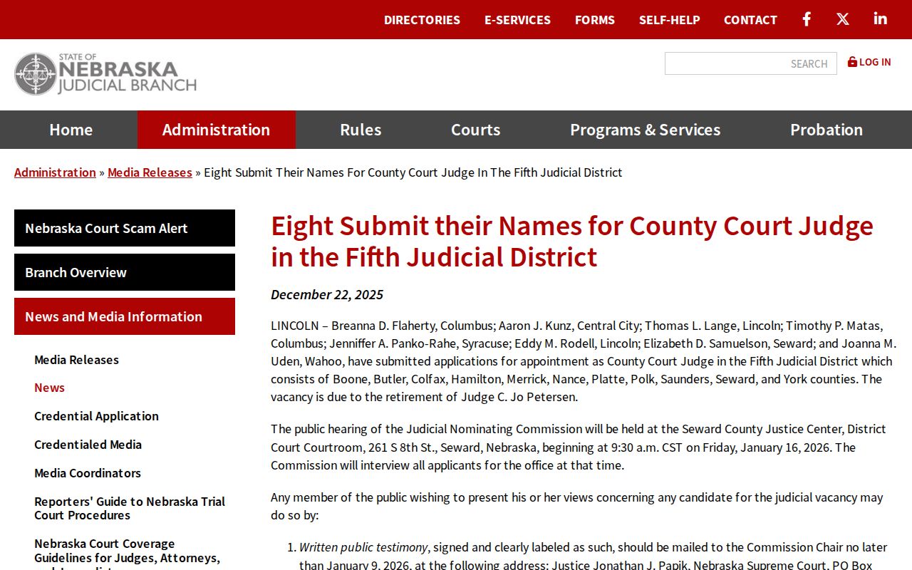 Nance County court calendar Fifth Judicial District court notice