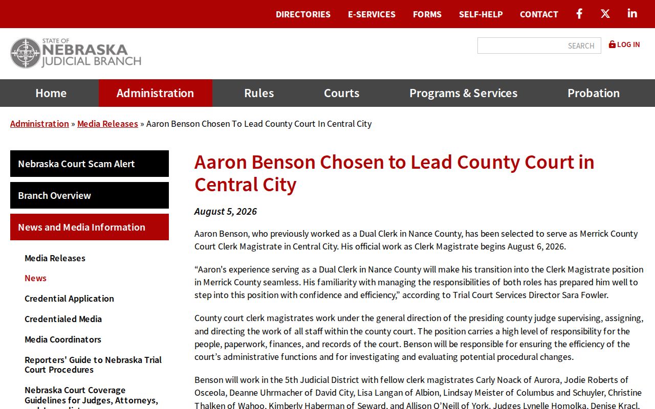 Nance County court calendar Nebraska clerk transition notice