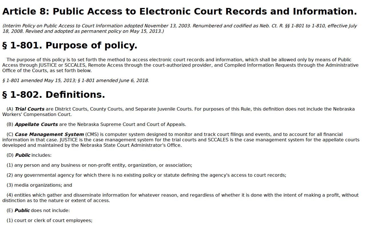 Nance County court case records electronic access rule