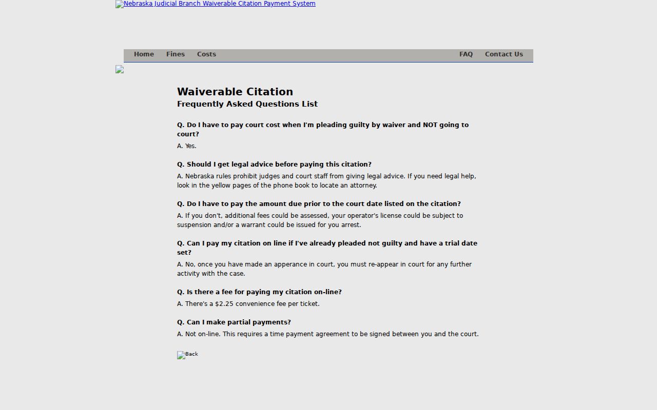 Nance County traffic court citation payment FAQ