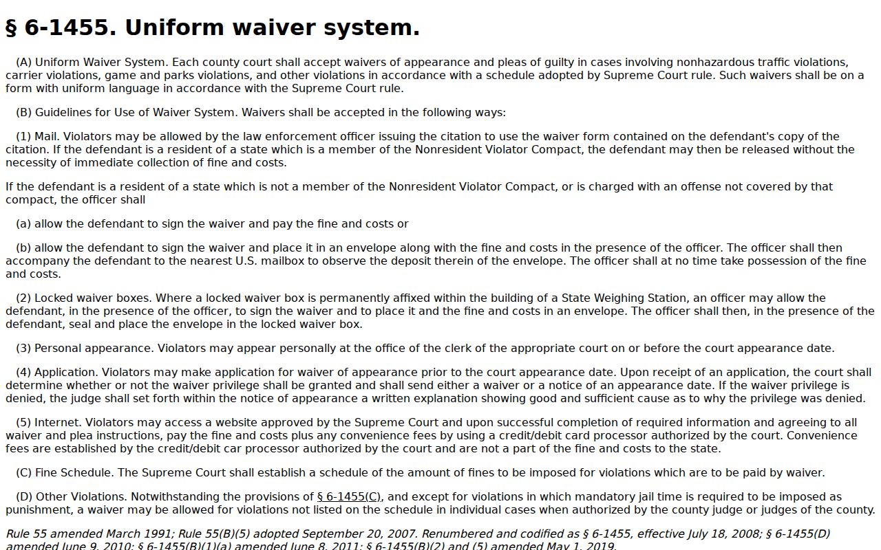 Nance County traffic court uniform waiver rule